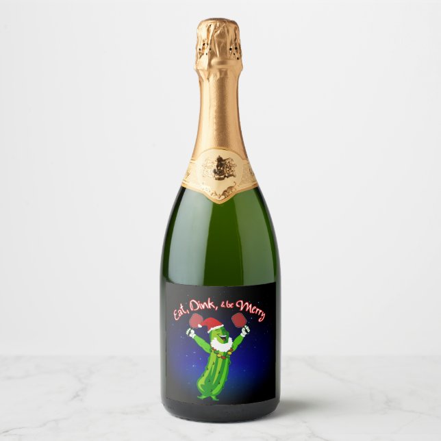 Christmas Pickleball Santa Hat Pickle Sparkling Wine Label (Front)