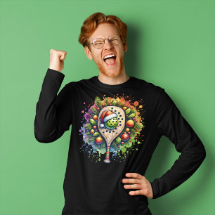 Christmas Pickleball Santa Hat Pine Holly Leaves T-Shirt