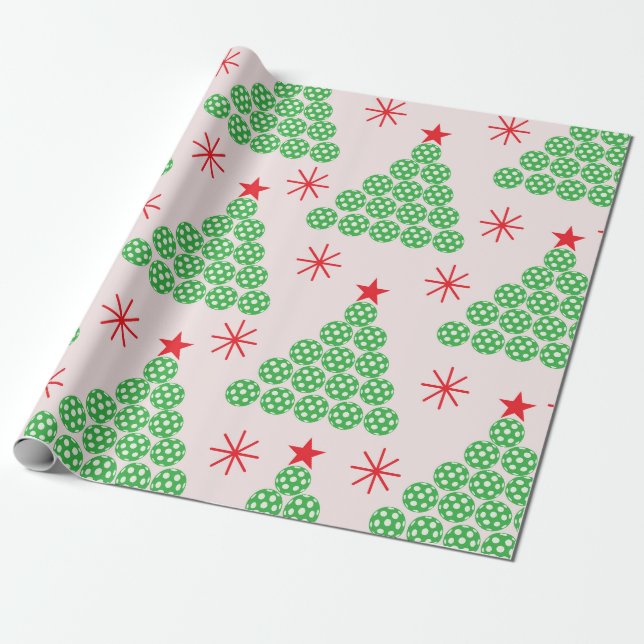 Christmas Pickleball Tree with stars Pattern Wrapping Paper (Unrolled)