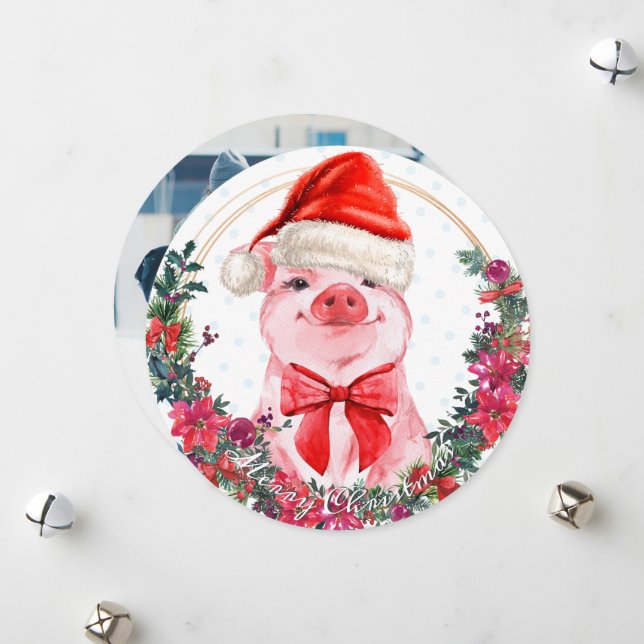 Christmas Pig Cute Piglet Bow Wreath Polka Dots Holiday Card (Front/Back In Situ)