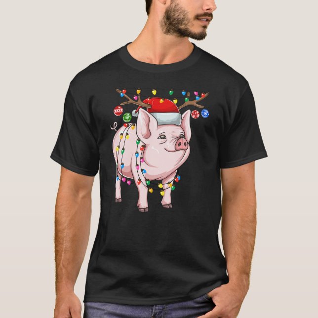Christmas Pig Holiday Lights With Antlers And Orna T-Shirt (Front)