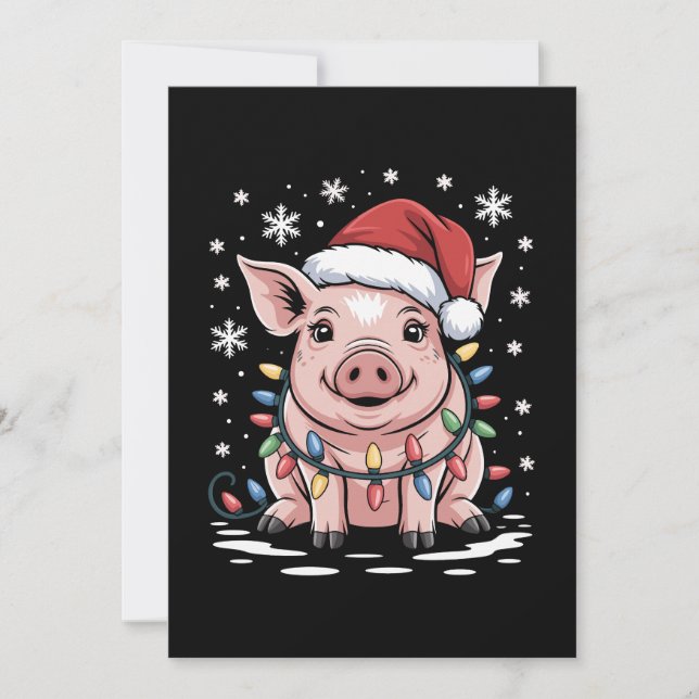 Christmas Pig Santa Hat Lights Snowflake Xmas Invitation (Front)