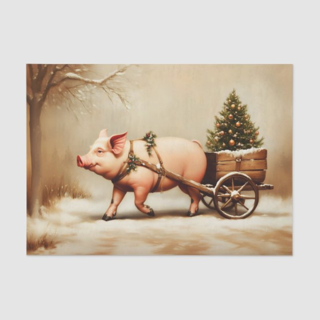 Christmas Pig & Tree Cart in Snow EN2L Decoupage Tissue Paper (Front)
