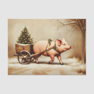 Christmas Pig & Tree Cart in Snow EN2R Decoupage Tissue Paper