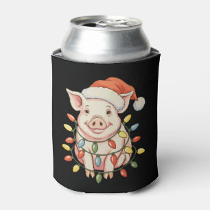Christmas Pig Xmas Lights Santa Hay Holiday Season Can Cooler