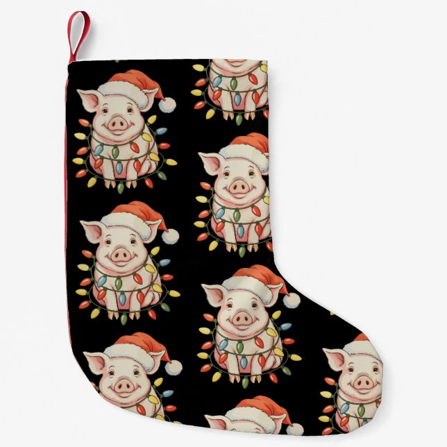 Christmas Pig Xmas Lights Santa Hay Holiday Season Small Christmas Stocking (Front)