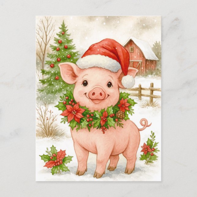 Christmas Piglet Watercolor Postcard (Front)