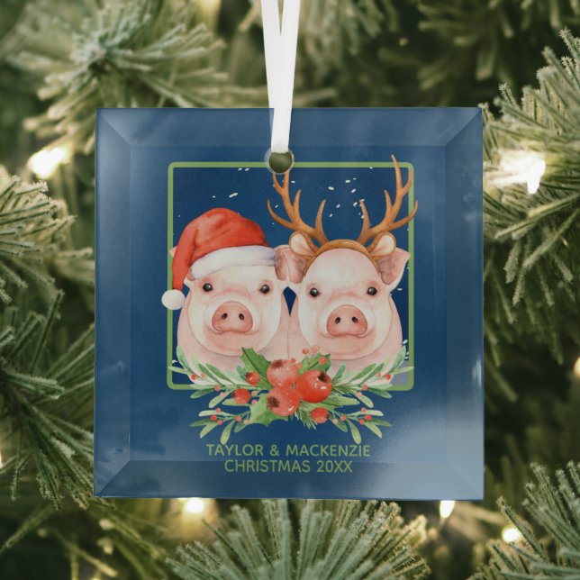 Christmas Pigs Cute Santa and Reindeer Couple Glass Tree Decoration (Insitu)