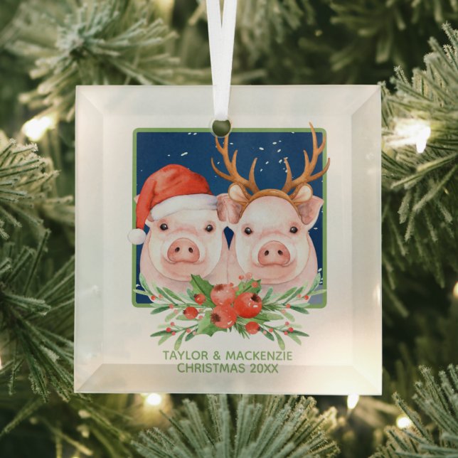 Christmas Pigs Cute Santa and Reindeer Couple Glass Tree Decoration (Insitu)