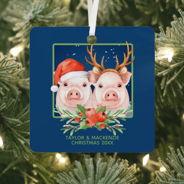 Christmas Pigs Cute Santa and Reindeer Couple Metal Tree Decoration (Insitu)