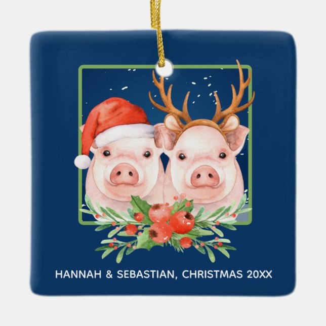 Christmas Pigs Santa Reindeer Couple Personalised Ceramic Tree Decoration (Front)