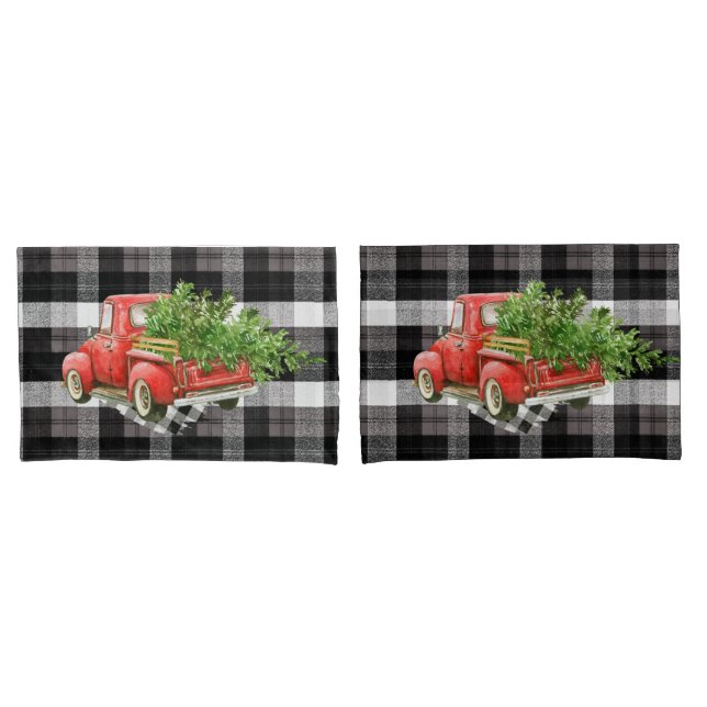 Christmas Pillow Cases Red XMAS Truck Plaid White (Front-Set)