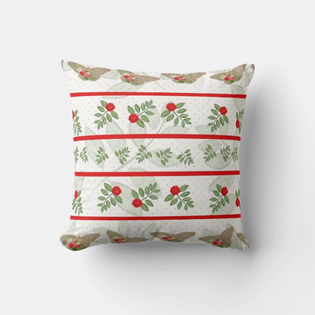 Christmas Pillow with red, green, beige butterfly (Front)