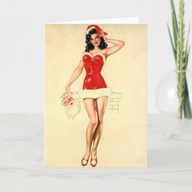 Christmas Pin-Up Girl and Classic Santa Holiday Card (Front)