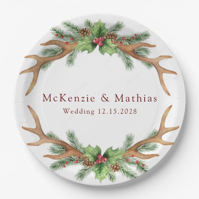 Christmas Pine and Deer Antlers Wedding Paper Plate (Front)