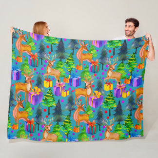 Christmas pine and deer pattern fleece blanket