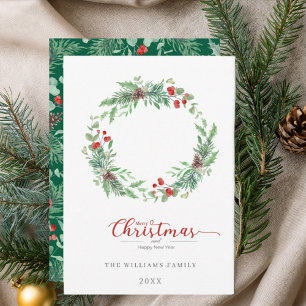 Christmas Pine and Holly wreath Flat Holiday Card