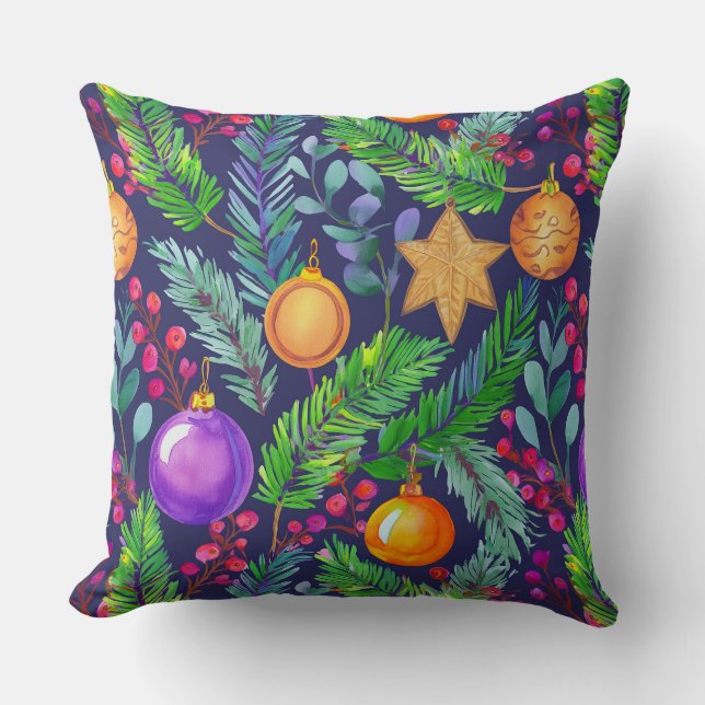 Christmas pine and ornaments purple pattern cushion (Front)