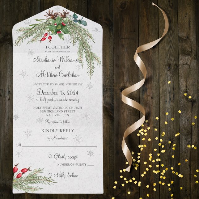 Christmas Pine and Snowflakes All In One Invitation (Also available with QR code)