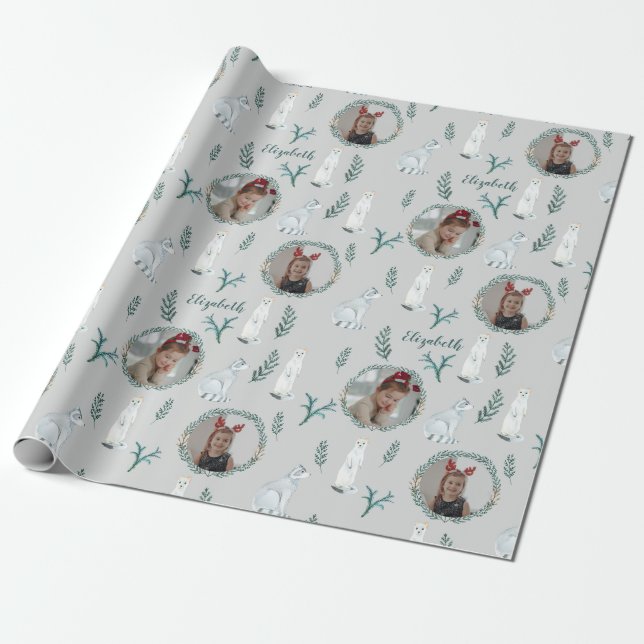 Christmas Pine Animal Name Photo Personalised Kids Wrapping Paper (Unrolled)