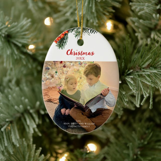 Christmas Pine Berries Custom Family Photo Ceramic Tree Decoration (Tree)