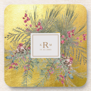 Christmas Pine Botanical Gold Monogram  Coaster