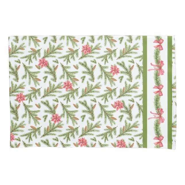 Christmas Pine Boughs and Poinsettias Pillowcase (Front)