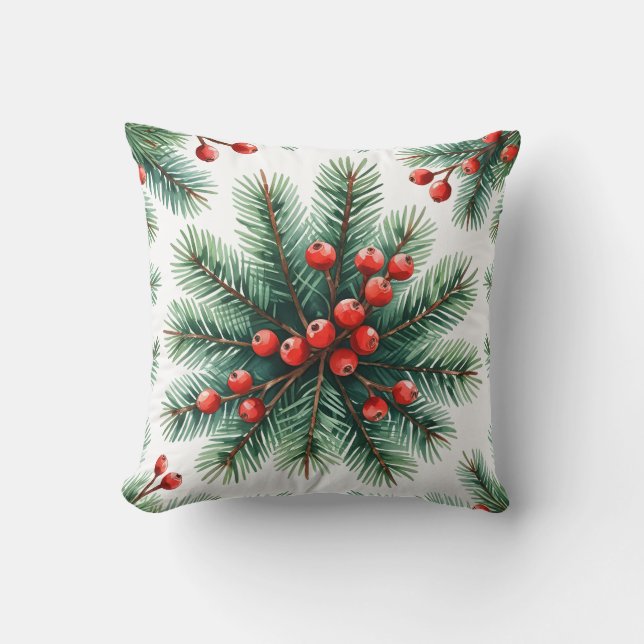 Christmas Pine Branch & Red Berries Throw Pillow | (Front)