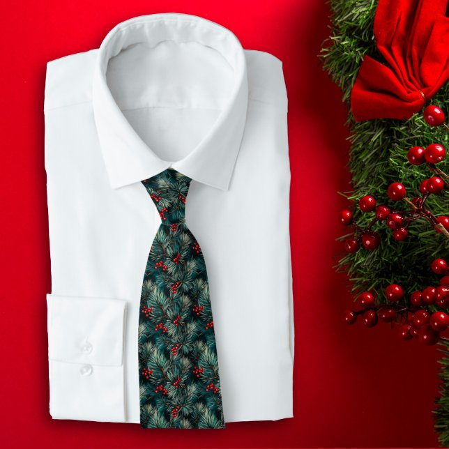 Christmas Pine Branches and Red Berries Holiday Tie (Creator Uploaded)