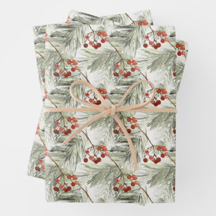 Christmas Pine Branches and Red Berries  Wrapping Paper Sheet