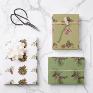Christmas Pine Cones and Branches Green Patterns Wrapping Paper Sheet