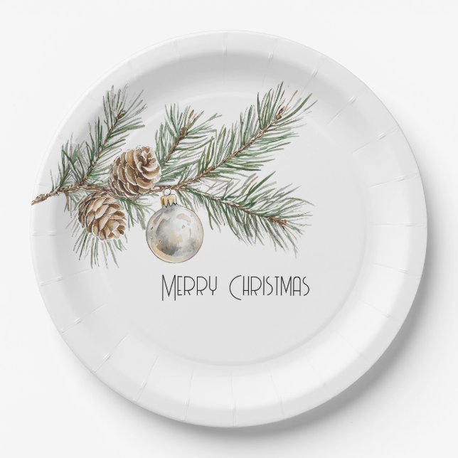 Christmas Pine Cones Branch and Ornament Paper Plate (Front)