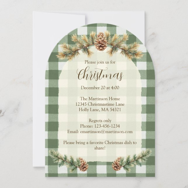 Christmas Pine Cones Branches Green Gingham Arch Invitation (Front)
