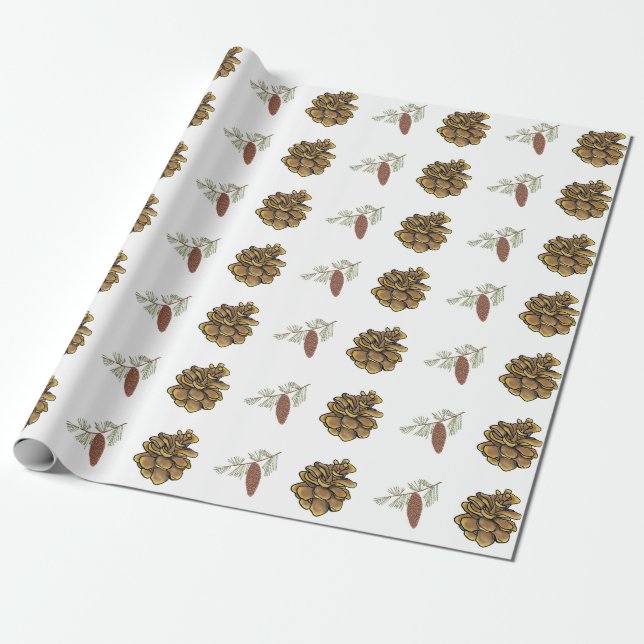 Christmas Pine Cones Green Branches Trees Patterns Wrapping Paper (Unrolled)