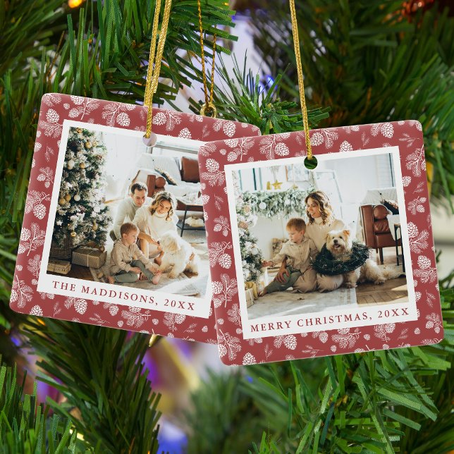 Christmas Pine Cones Red Pattern Family Photos Ceramic Ornament (Creator Uploaded)