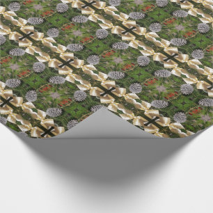 Christmas Pine Cones Ribbon Kaleidoscopic Pattern Wrapping Paper
