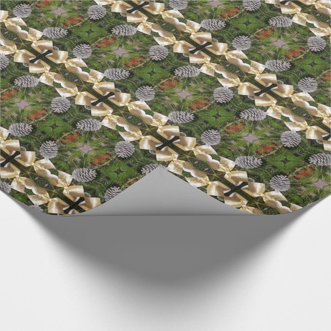 Christmas Pine Cones Ribbon Kaleidoscopic Pattern Wrapping Paper (Corner)