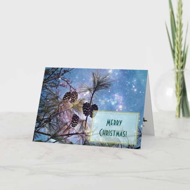 Christmas Pine cones under a starry night sky Holiday Card (Front)