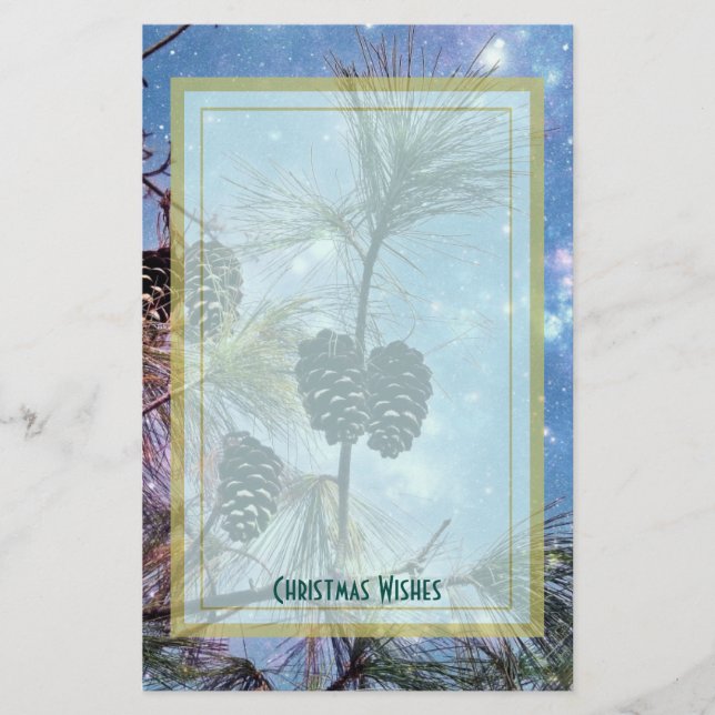 Christmas Pine cones under a starry night sky Stationery (Front)