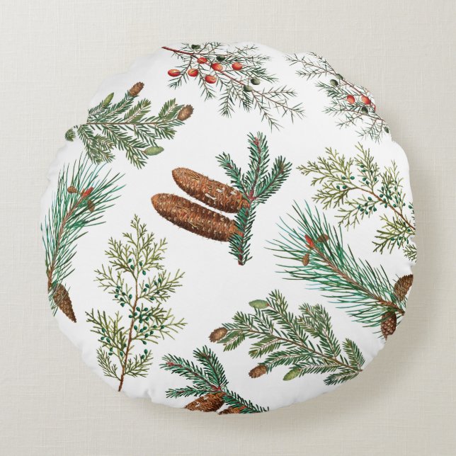 Christmas Pine Conifer Forest Festive Round Cushion (Front)