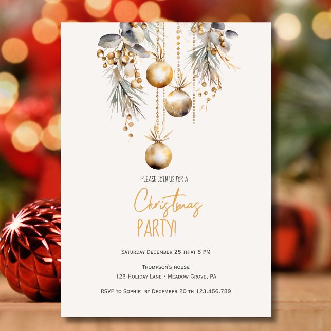 Christmas pine decoration golden balls party invitation (Creator Uploaded)