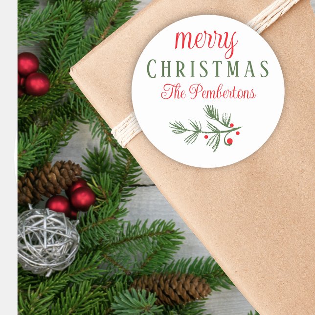 Christmas Pine Foliage Holiday Classic Round Sticker (Creator Uploaded)