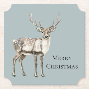 Christmas Pine Green Rustic Deer Paper Coaster