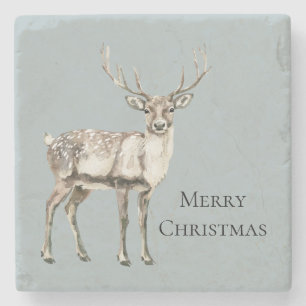 Christmas Pine Green Rustic Deer Stone Coaster