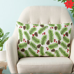Christmas Pine Leaves, Cones & Berries on White Lumbar Cushion