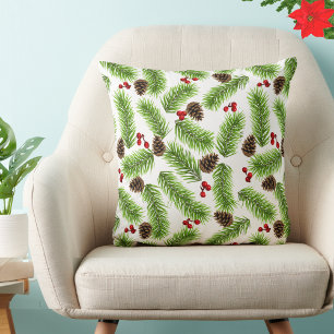 Christmas Pine Leaves, Cones & Red Berries Cushion