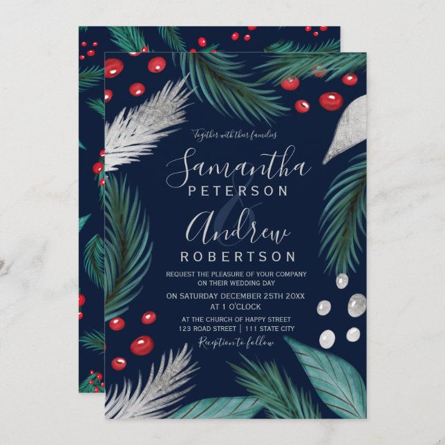 Christmas pine mistletoe silver navy wedding invitation (Front/Back)