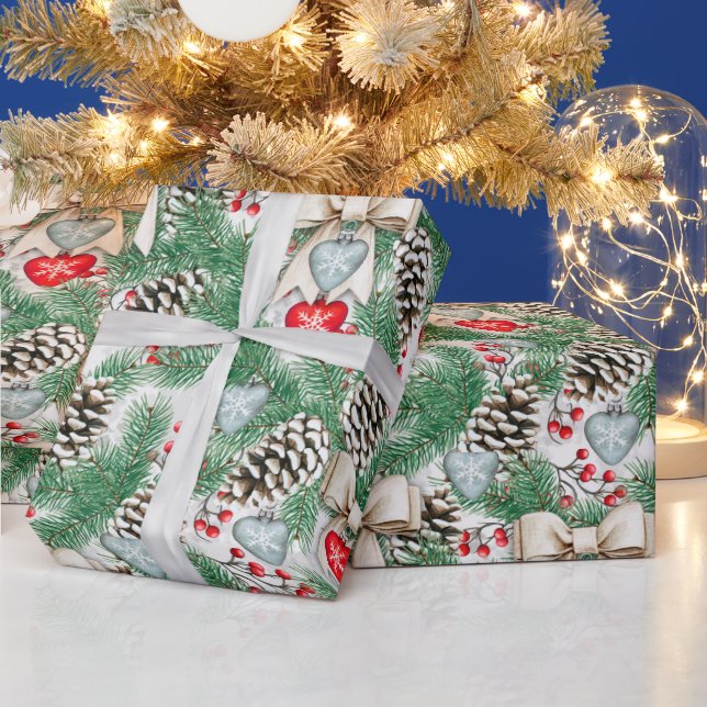 Christmas Pine Ornaments Bows Wrapping Paper (Holidays)