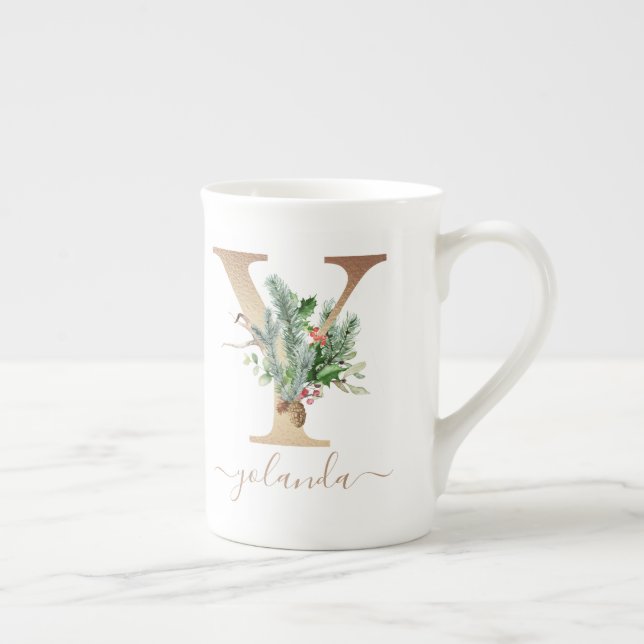 Christmas Pine Red Berries Gold Monogram Y Bone China Mug (Right)