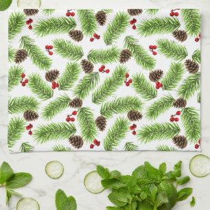 Christmas Pine & Red Berries Tea Towel